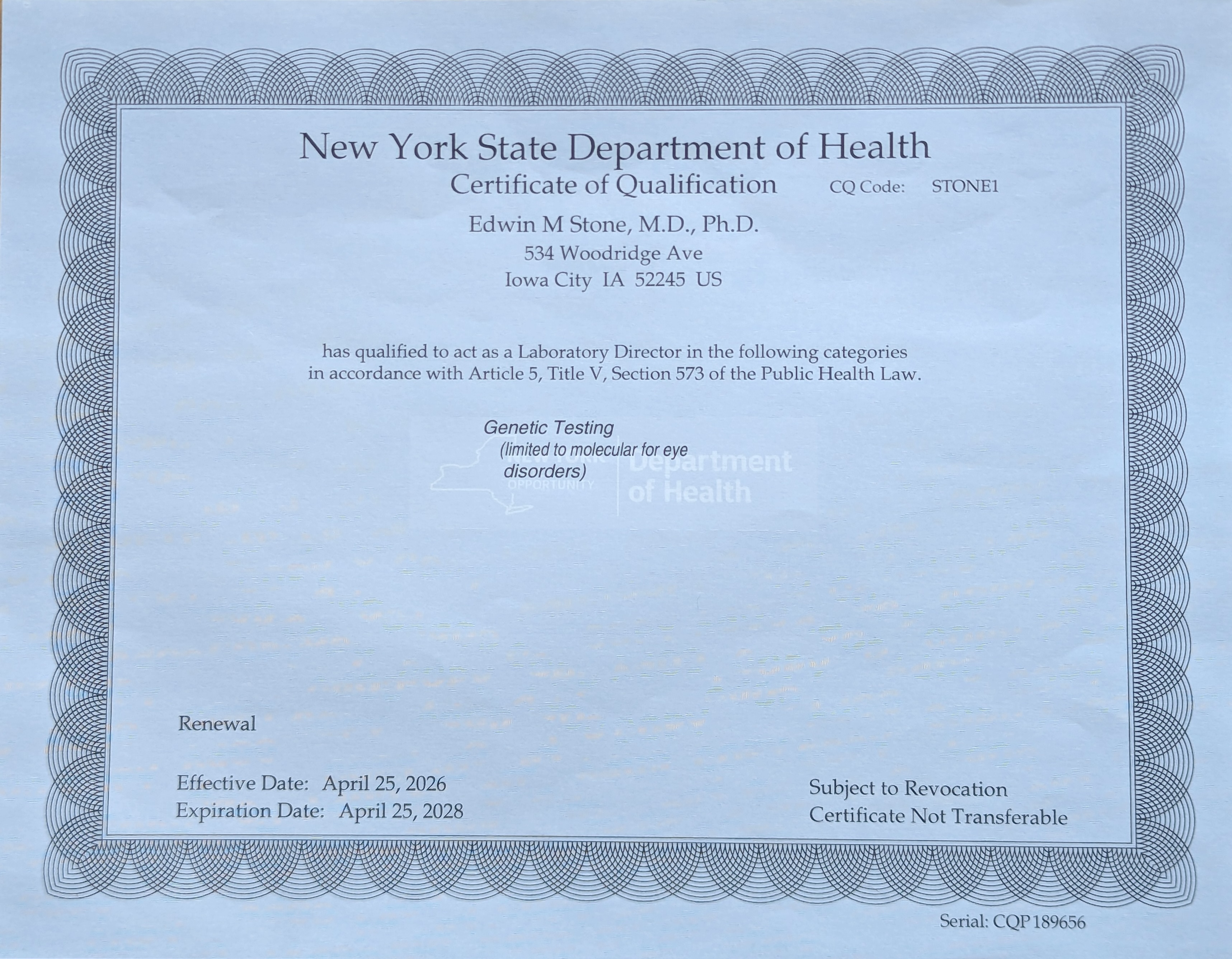 New York State Certificate 2026 - 2028